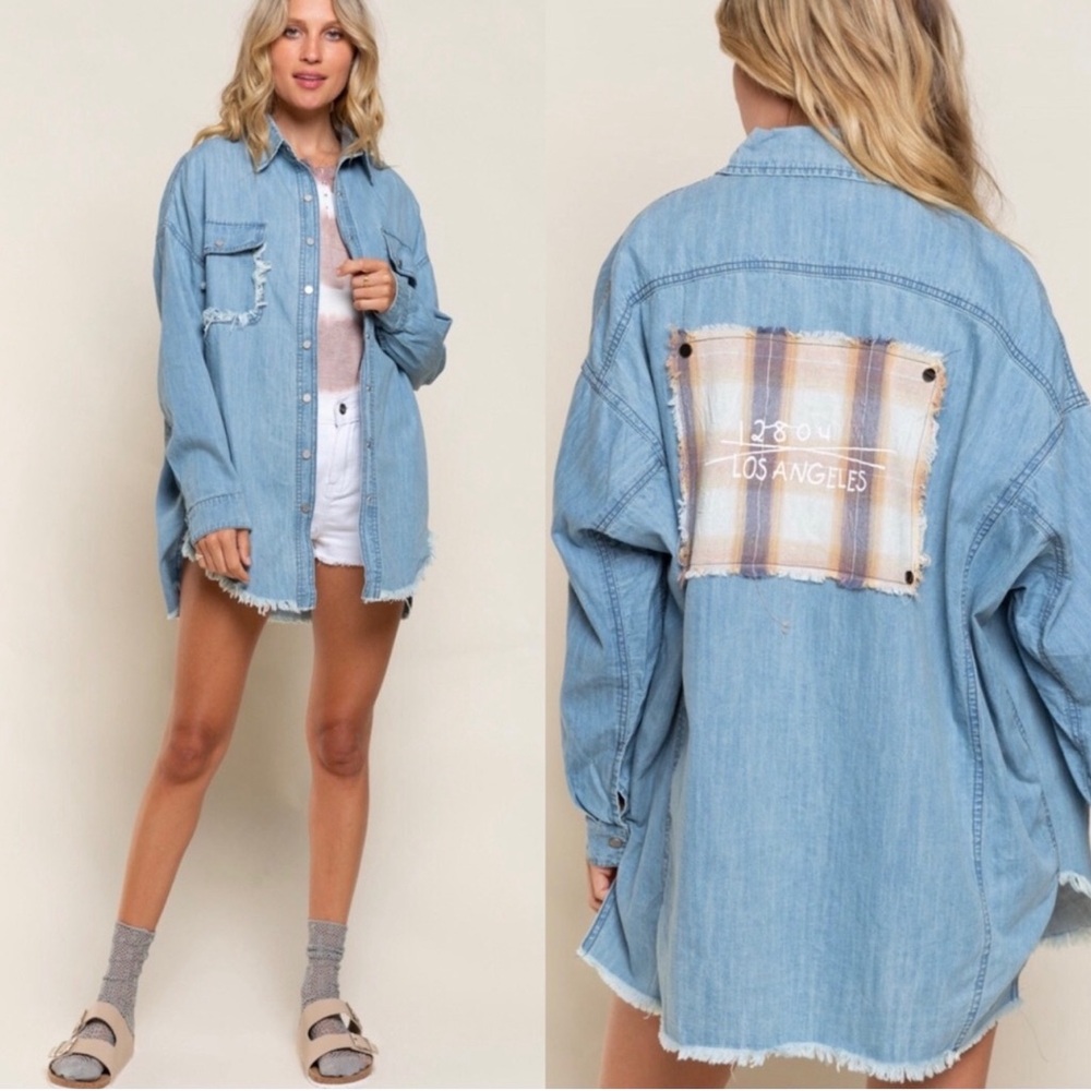 POL Distressed Edges Denim & Plaid Detail Shirt